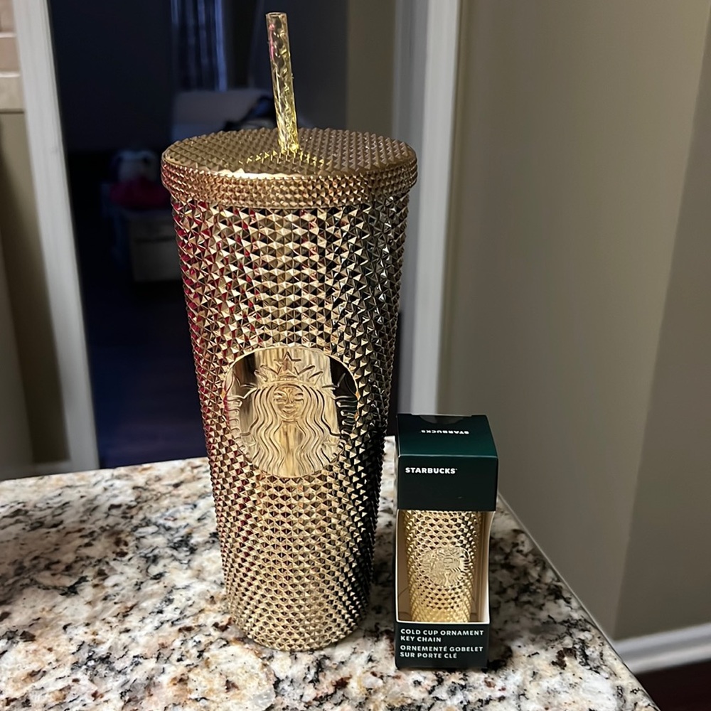 New Holiday Starbucks Studded Venti Gold cup with Ornament key chain.